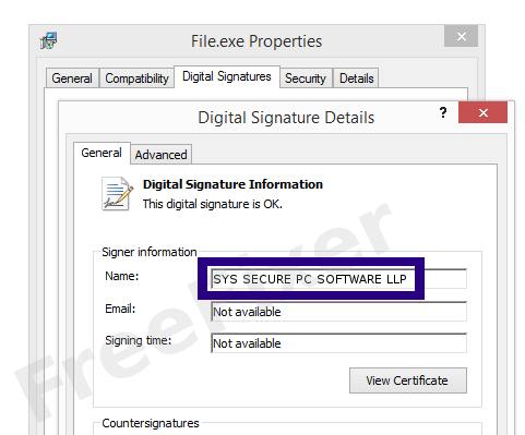 Screenshot of the SYS SECURE PC SOFTWARE LLP certificate